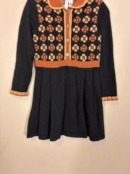Janie and Jack Black Collared Long Sleeve Dress with Rust and Cream Floral Yoke - Picture 4 of 6